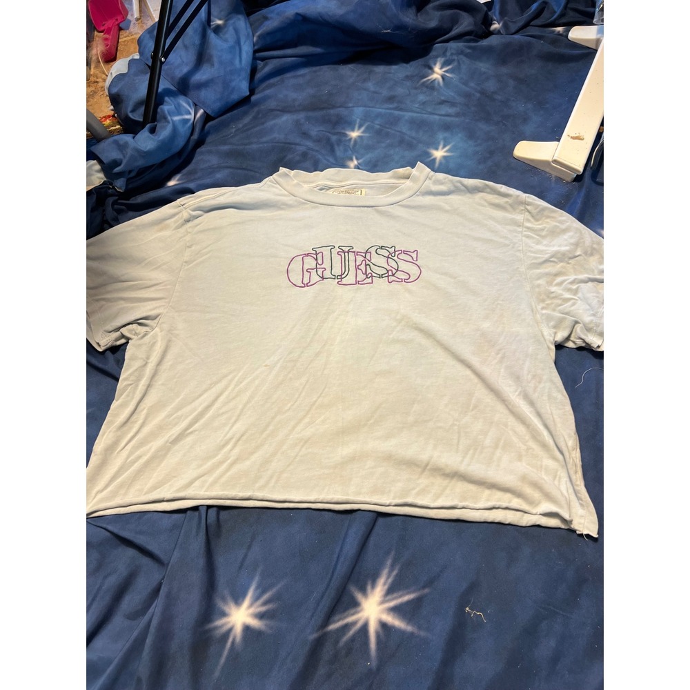 Guess Originals Light Blue Embroidered Logo Cropped T-Shirt Mens L Raw Hem